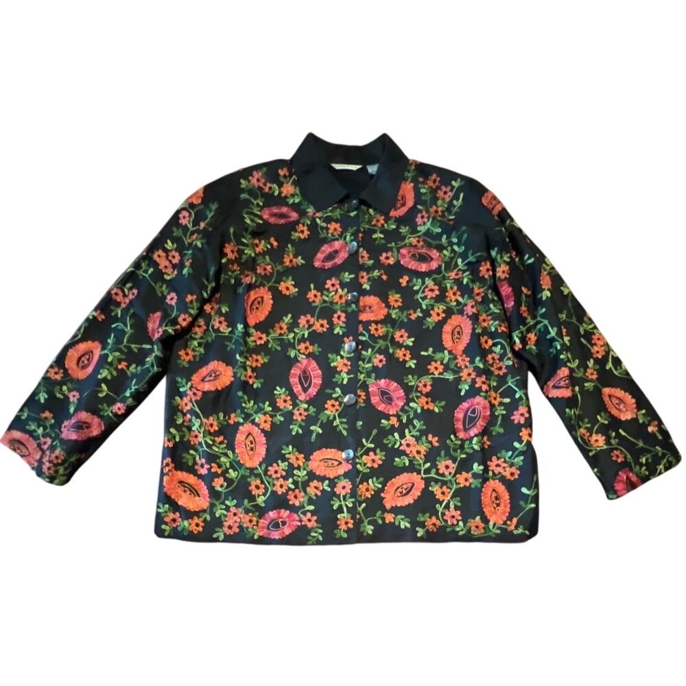 Laura Ashley Floral Embroidered Silk Jacket M Black Multicolor Cottage Core Boho